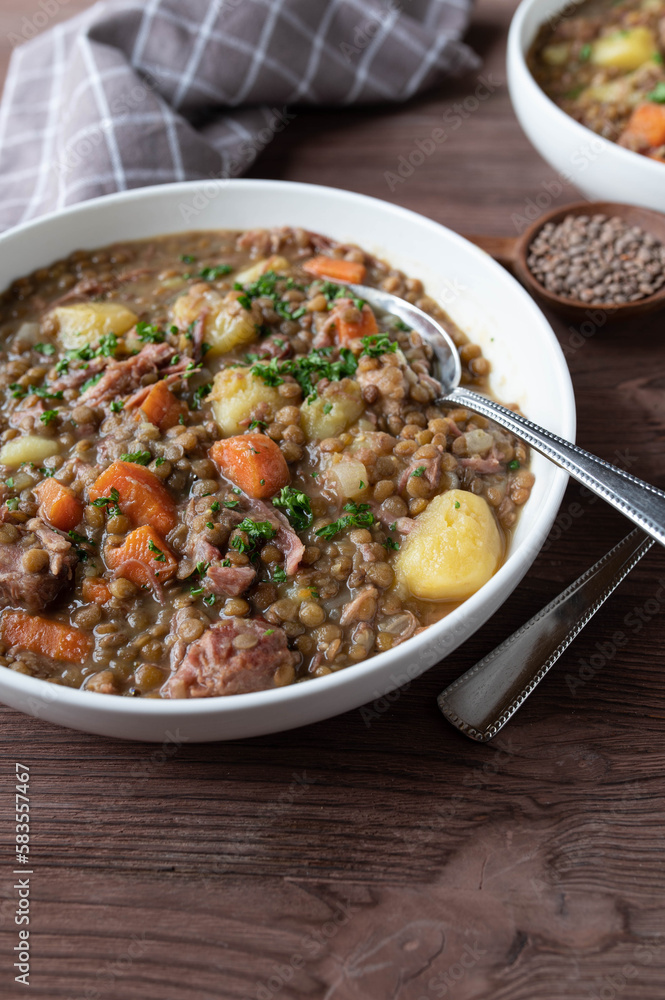Stew with lentils, pork meat, potatoes and vegetables. Traditional german lentil soup
