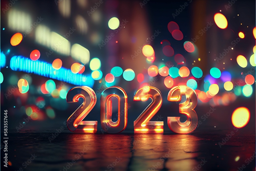 Festive New Year 2023 background with colorful bokeh lights and golden glitter sparkles Festive New Year 2023 background with colorful bokeh lights and golden glitter sparkles