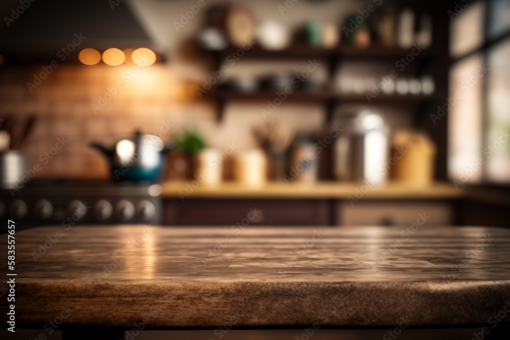 Wooden table and modern kitchen backround ready for product or food display, ai generative

