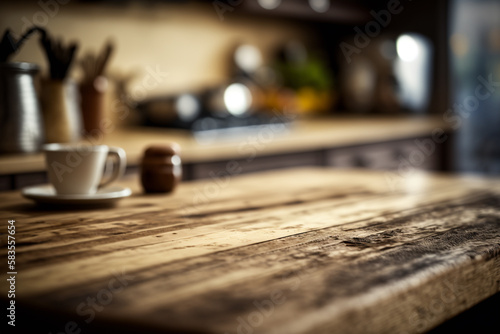 Wooden table and modern kitchen backround ready for product or food display  ai generative 