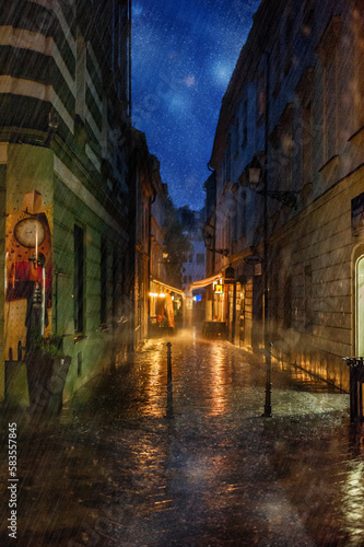 fairy tale cityscape under heavy rain on the stone pavement in old town at night