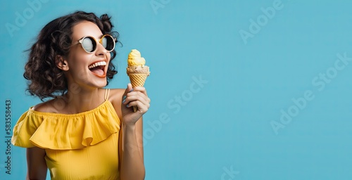 Canvas-taulu Beautiful Woman in a Summer Dress Eating an Ice Cream on a Blue Background with