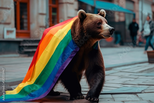 Furry brown bear with rainbow LGBT flag on back looking away while walking on paved street during gay demonstration in city, generative ai. Concept of gay bear.