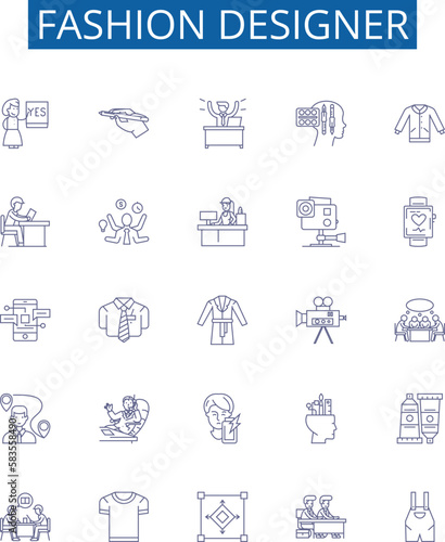 Fashion designer line icons signs set. Design collection of Designer, Couturier, Clothes, Garment, Outfit, Runway, Apparel, Needlework outline concept vector illustrations