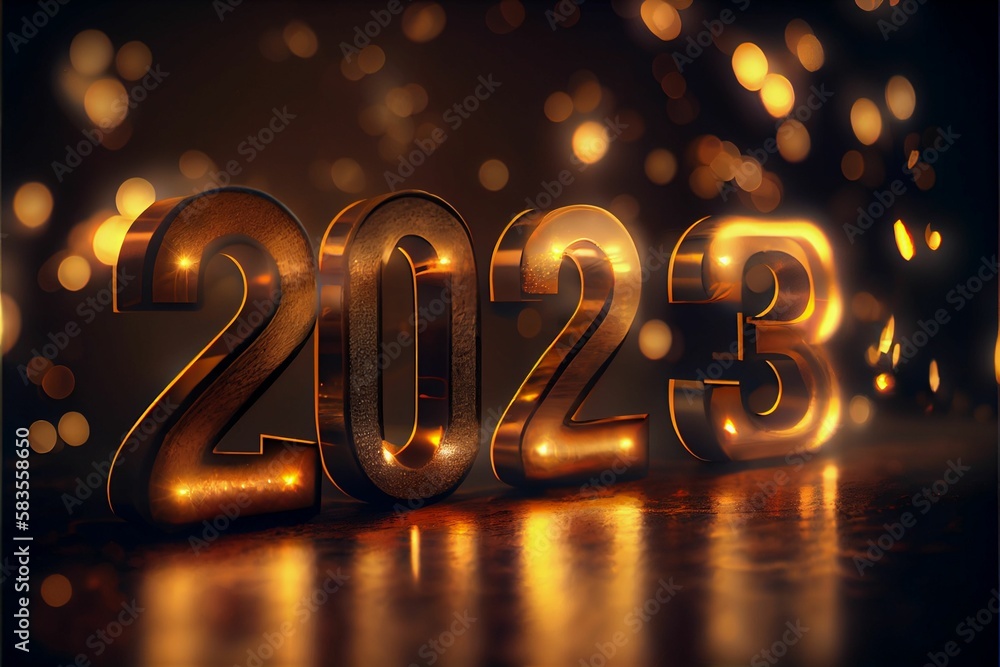 Festive New Year 2023 background with golden bokeh lights and glitter sparkles Festive New Year 2023 background with golden bokeh lights and glitter sparkles