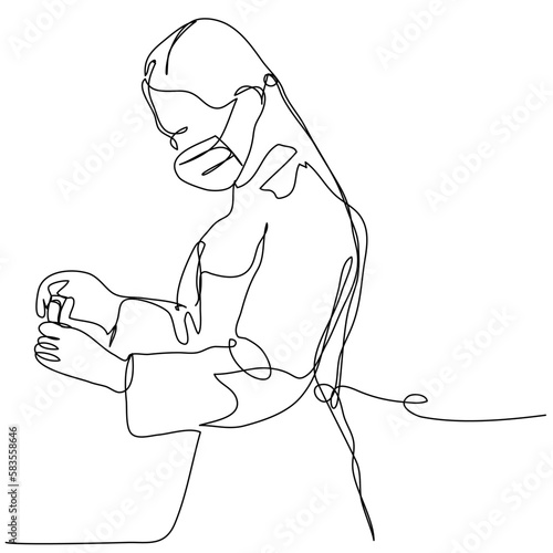 Woman doctor in a protective mask holds the medicine in one line on a white background. Stock vector illustration of a medical worker. Health care concept.