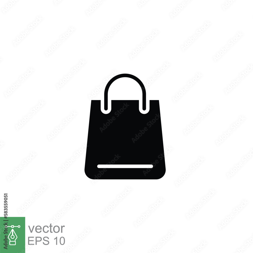 Shopping bag icon. Simple solid style. Paper bag, shop, gift, packaging, business concept. Black silhouette, glyph symbol. Vector illustration design on white background. EPS 10. Shopping bag icon. Simple solid style. Paper bag, shop, gift, packaging, business concept. Black silhouette, glyph symbol. Vector illustration design on white background. EPS 10.