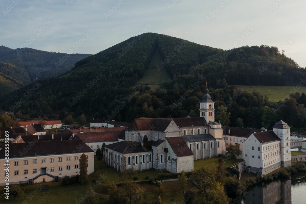 Aerial drone view of Lilienfeld Abbey in Austria during the sunset