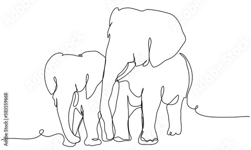 Two elephants in one line on a white background. Pair of minimalist animals. Friendship and family concept. Stock vector illustration.