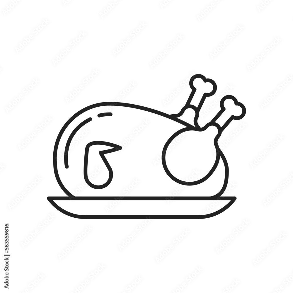 Cooked chicken on a plate icon. High quality black vector illustration. Cooked chicken on a plate icon. High quality black vector illustration.