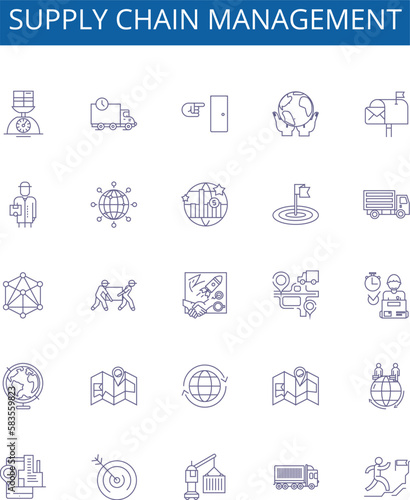 Supply chain management line icons signs set. Design collection of Sourcing, Logistics, Inventory, Procurement, Distribution, Flow, Quality, Processes outline concept vector illustrations
