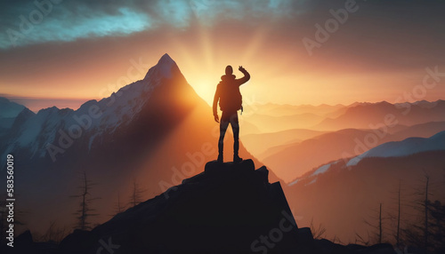 Man in the mountains at sunset, Created with generative AI