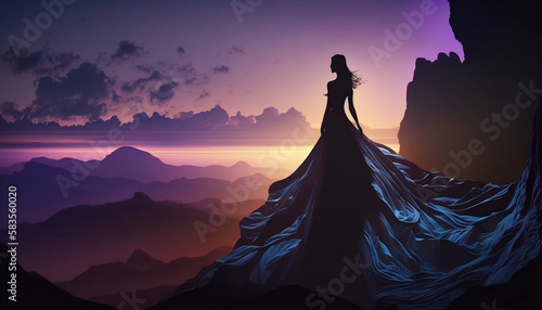 Women in dress in the mountains at sunset, Created with generative AI