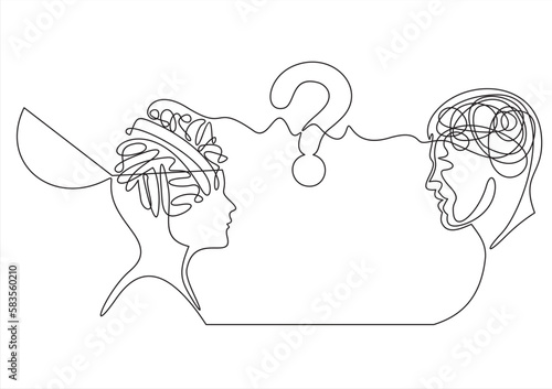 A black and white drawing of a man and a woman with a question mark on their head.