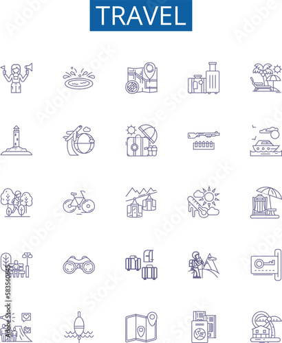 Travel line icons signs set. Design collection of Tour, Vacation, Trip, Journey, Explorer, Adventure, Backpacking, Hiking outline concept vector illustrations