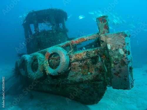 Φωτογραφία Fish swimming near a sunken ship at the bottom of the sea.