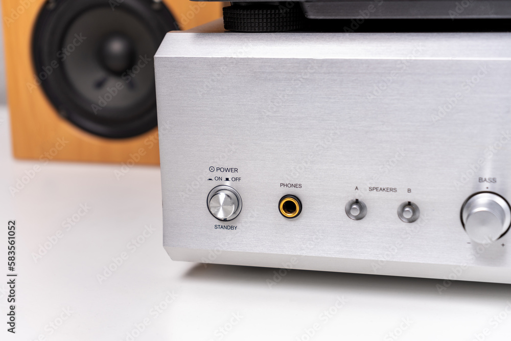 Obraz premium closeup view on vintage stereo audio amplifier