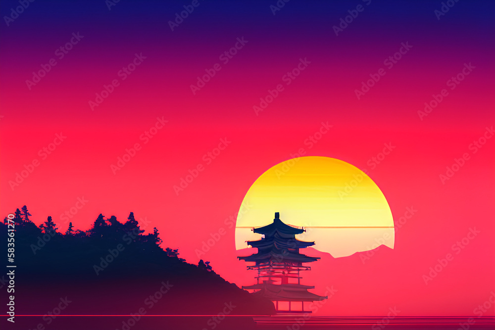 Silhouette of a pagoda at sunset. Generative AI