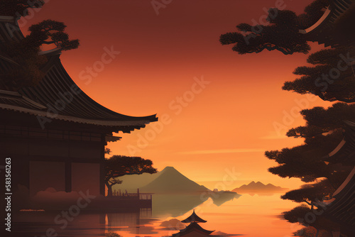 Sunset at the temple. Generative AI