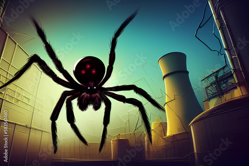 Halloween gigantic spider on a nuclear power plant background. Generative AI photo