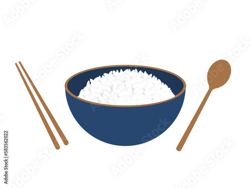 Rice bowl with gold chopsticks and spoon icon sign isolated on white background vector illustration.