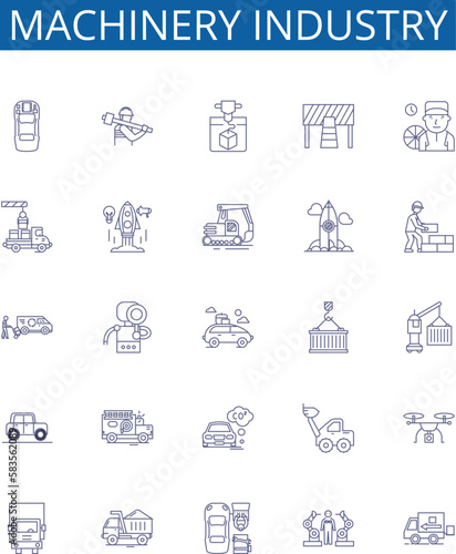 Machinery industry line icons signs set. Design collection of Machinery, Industry, Engineering, Manufacturing, Production, CNC, Robotics, Automation outline concept vector illustrations