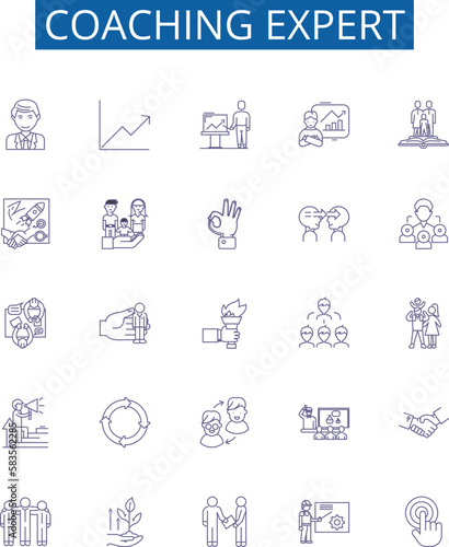 Coaching expert line icons signs set. Design collection of Mentor, Advisor, Guide, Tutor, Consultant, Facilitator, Instructor, Teacher outline concept vector illustrations