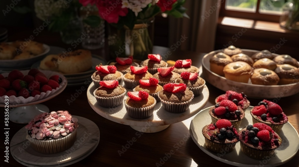 AI Indulge Your Sweet Tooth: Tempting Assortment of Desserts Beautifully Arranged on a Cafe Table - Perfect for Foodies, Bakers, and Food Bloggers AI Indulge Your Sweet Tooth: Tempting Assortment of Desserts Beautifully Arranged on a Cafe Table - Perfect for Foodies, Bakers, and Food Bloggers