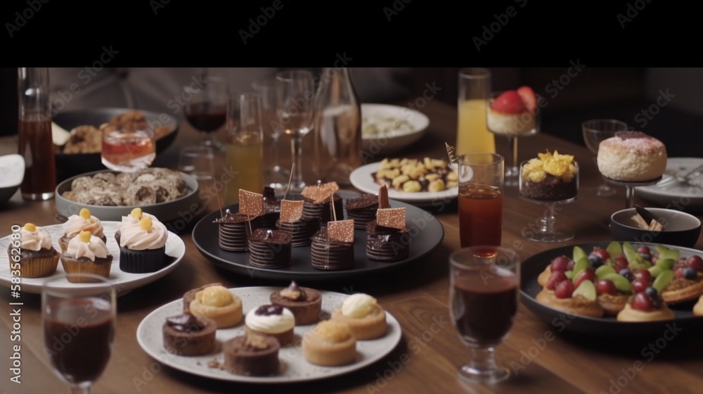 Naklejka premium AI Indulge Your Sweet Tooth: Tempting Assortment of Desserts Beautifully Arranged on a Cafe Table - Perfect for Foodies, Bakers, and Food Bloggers