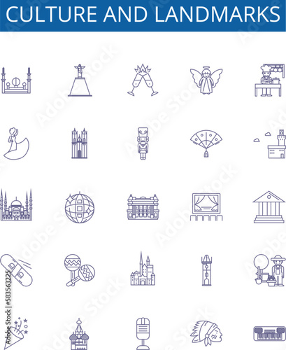 Culture and landmarks line icons signs set. Design collection of tradition, heritage, architecture, sculpture, monuments, art, ritual, folklore outline concept vector illustrations