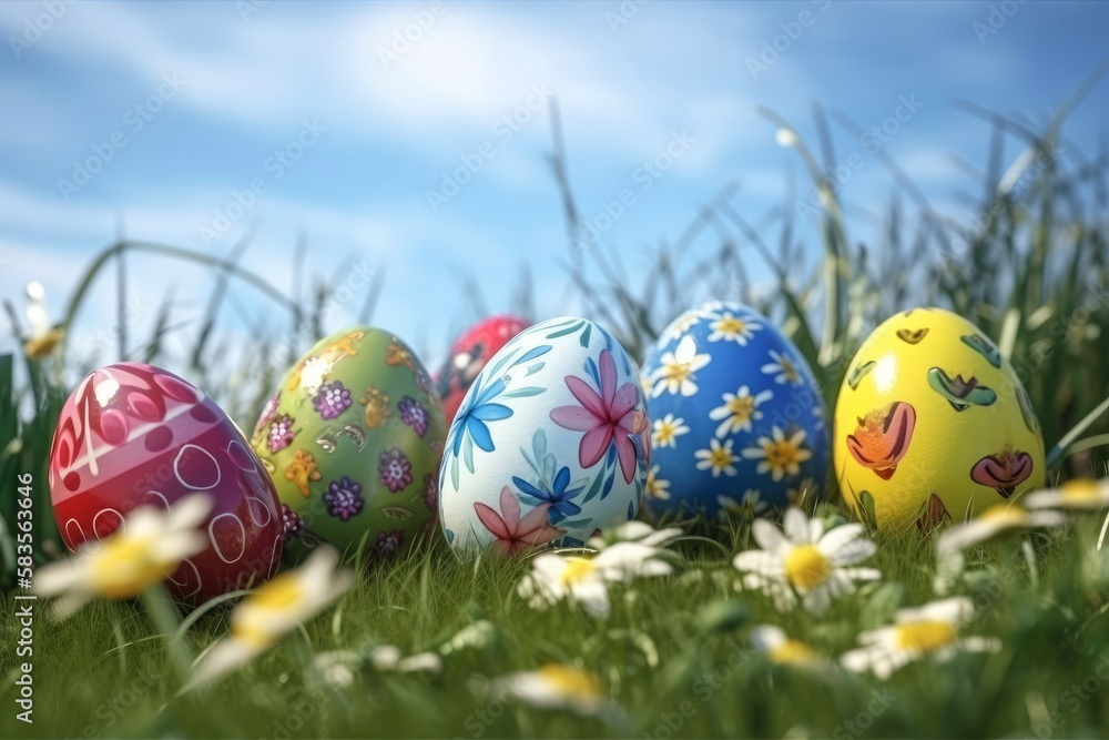 Easter eggs in the grass. Generative AI Easter eggs in the grass. Generative AI