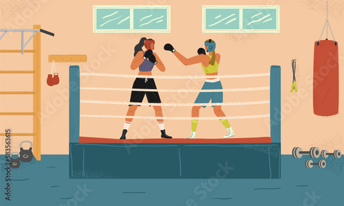 Female boxers fighting and training in a gym. Girls punch each other on a ring. Boxing gym interior