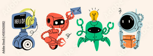 Set of various Robots. Cute artificial robotic characters. Hand drawn Vector illustration. Futuristic retro androids. Cartoon style. Isolated design elements. Delivery, customer service postal concept