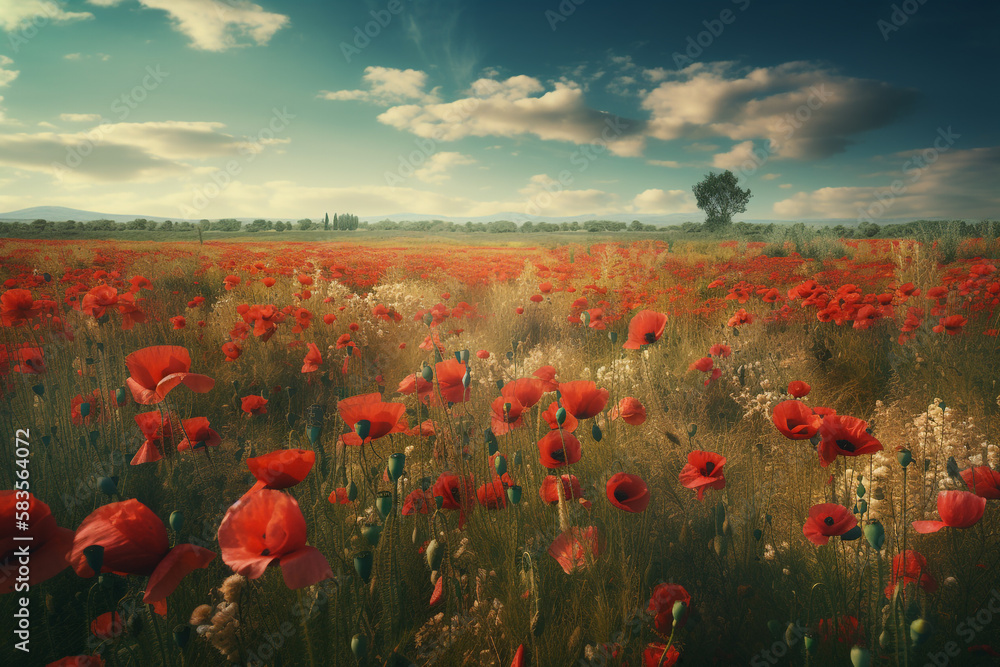 landscape of fields with growing red poppies. Generative AI