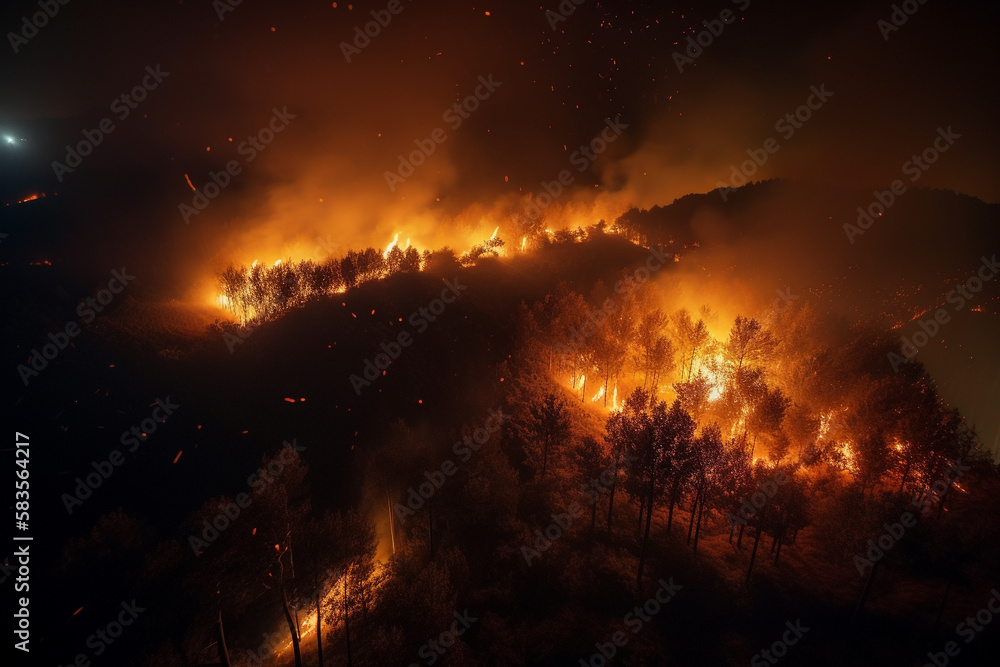 Aerial view of large scale forest wildfire and smoke at night. Generative AI