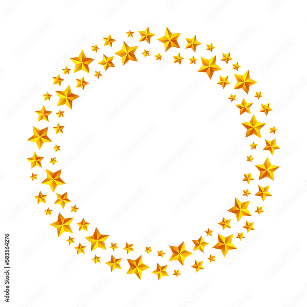 Round border frame garland with gold 3D stars. Can be used for cards, invitations. Isolated vector and PNG illustration on transparent background. Round border frame garland with gold 3D stars. Can be used for cards, invitations. Isolated vector and PNG illustration on transparent background.