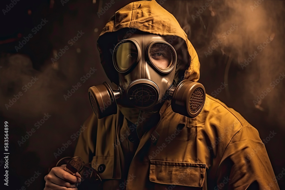 Man with a gas mask, nuclear war and environmental disaster, radioactivity catastrophe, military equipment Man with a gas mask, nuclear war and environmental disaster, radioactivity catastrophe, military equipment