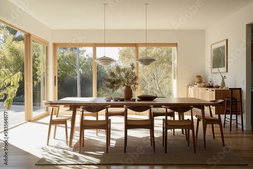An airy and open dining room with a large table and natural wood finishes Generative AI