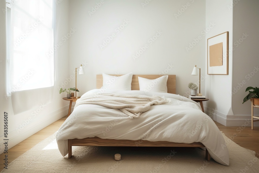 A cozy and minimalist bedroom with a white linen bed, wooden bedside table, and a neutral-toned woven rug, featuring plenty of natural light and a simple yet elegant design. Generative AI A cozy and minimalist bedroom with a white linen bed, wooden bedside table, and a neutral-toned woven rug, featuring plenty of natural light and a simple yet elegant design. Generative AI