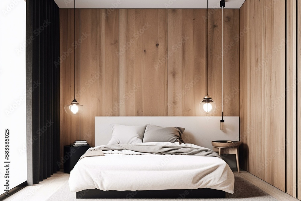 A minimalist bedroom with a wooden accent wall, white bedding, and a simple black pendant light ...