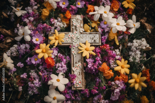 Easter holiday concept. Cross crucifix among spring flowers. Generative AI