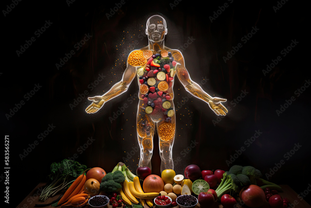 Fototapeta premium outline of a human with bolts of energy running through the body, the body is surrounded by fruit