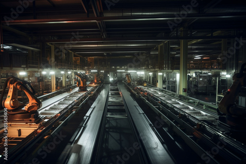 modern factory interior with robotic automated production line. Generative AI © xartproduction