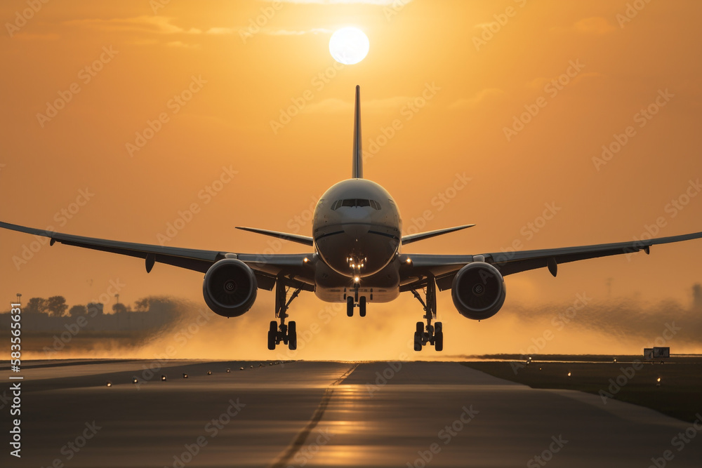 a passenger plane lands in the airport against the backdrop of sunset. Generative AI a passenger plane lands in the airport against the backdrop of sunset. Generative AI