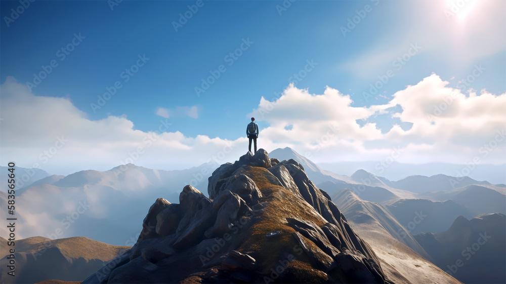 Fotografie Lonely man alone on a high rock generative ai