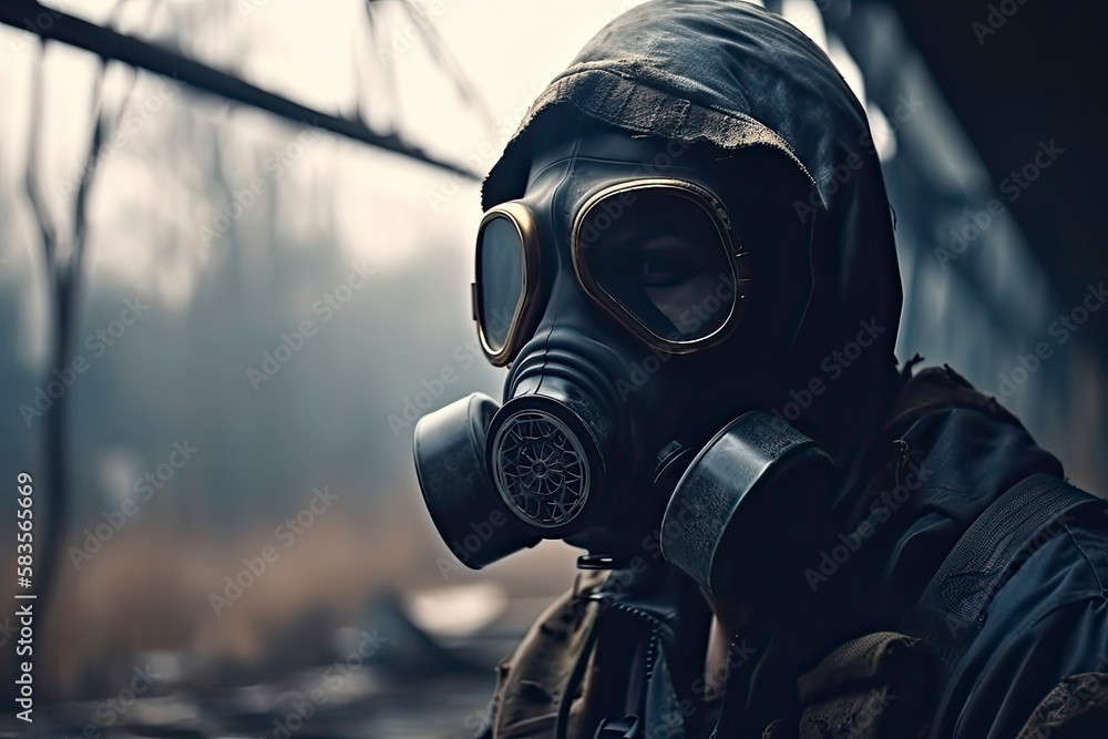 Post apocalyptic survivor in gas mask. Environmental disaster, armageddon concept Post apocalyptic survivor in gas mask. Environmental disaster, armageddon concept