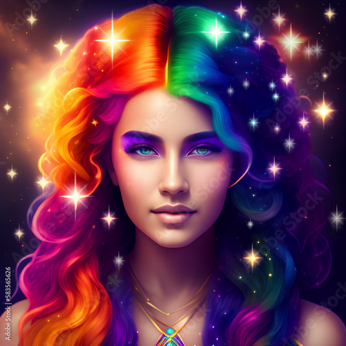 A Beautiful, Celestial Star Goddess with Rainbow Hair Created with Generative AI Technology © Sapphire X Designs