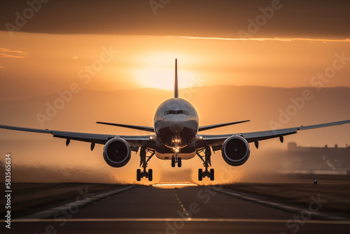a passenger plane lands in the airport against the backdrop of sunset. Generative AI