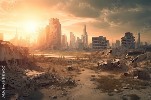 Post-apocalyptic landscape. City after the effects of global warming. Climate changes concept © surassawadee
