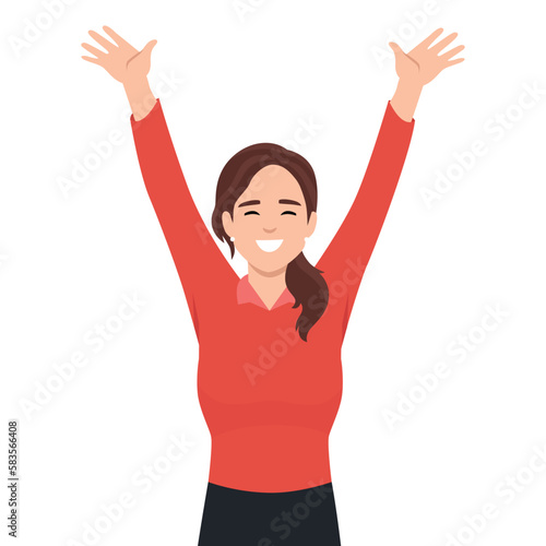 Winning gesture of happy confident woman expressing positive emotion. Successful smiling female character showing strength with fists up